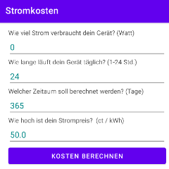 Screenshot Stromkostenrechner App